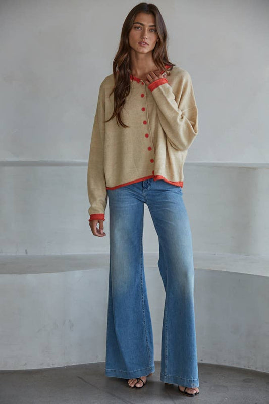 Knit Sweater Crew Neck Cardigan Beige