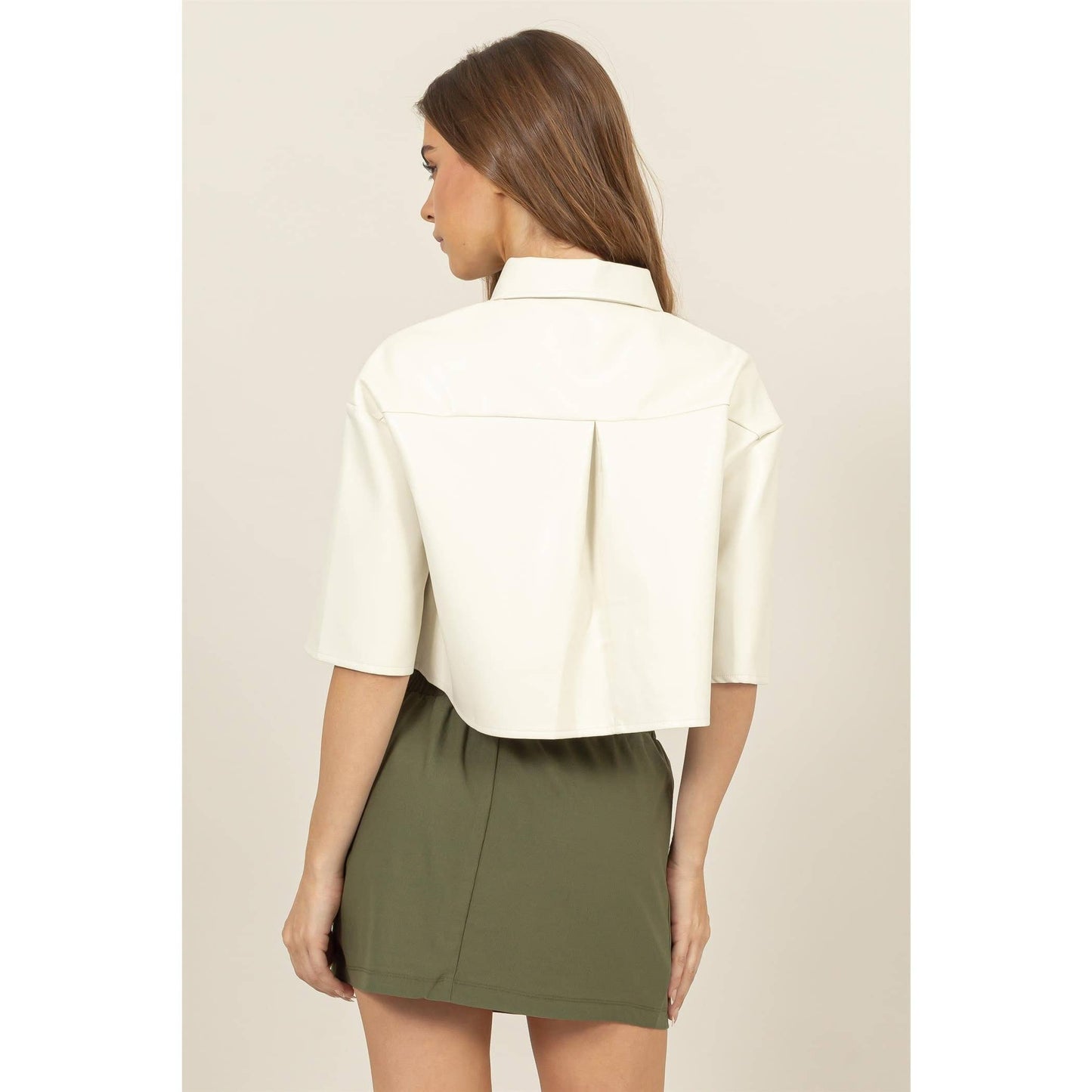 Faux Leather Button-Down Cropped Shirt Cream