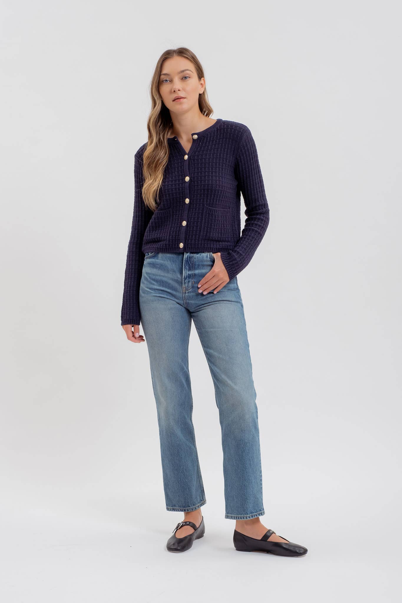 BUTTON DOWN TEXTURED KNIT CARDIGAN Navy