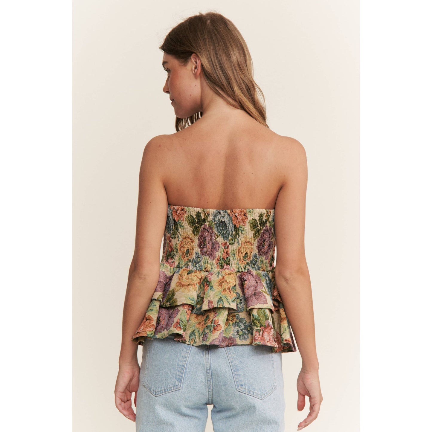VINTAGE FLORAL PRINT WOVEN PEPLUM TIERED TUBE TOP