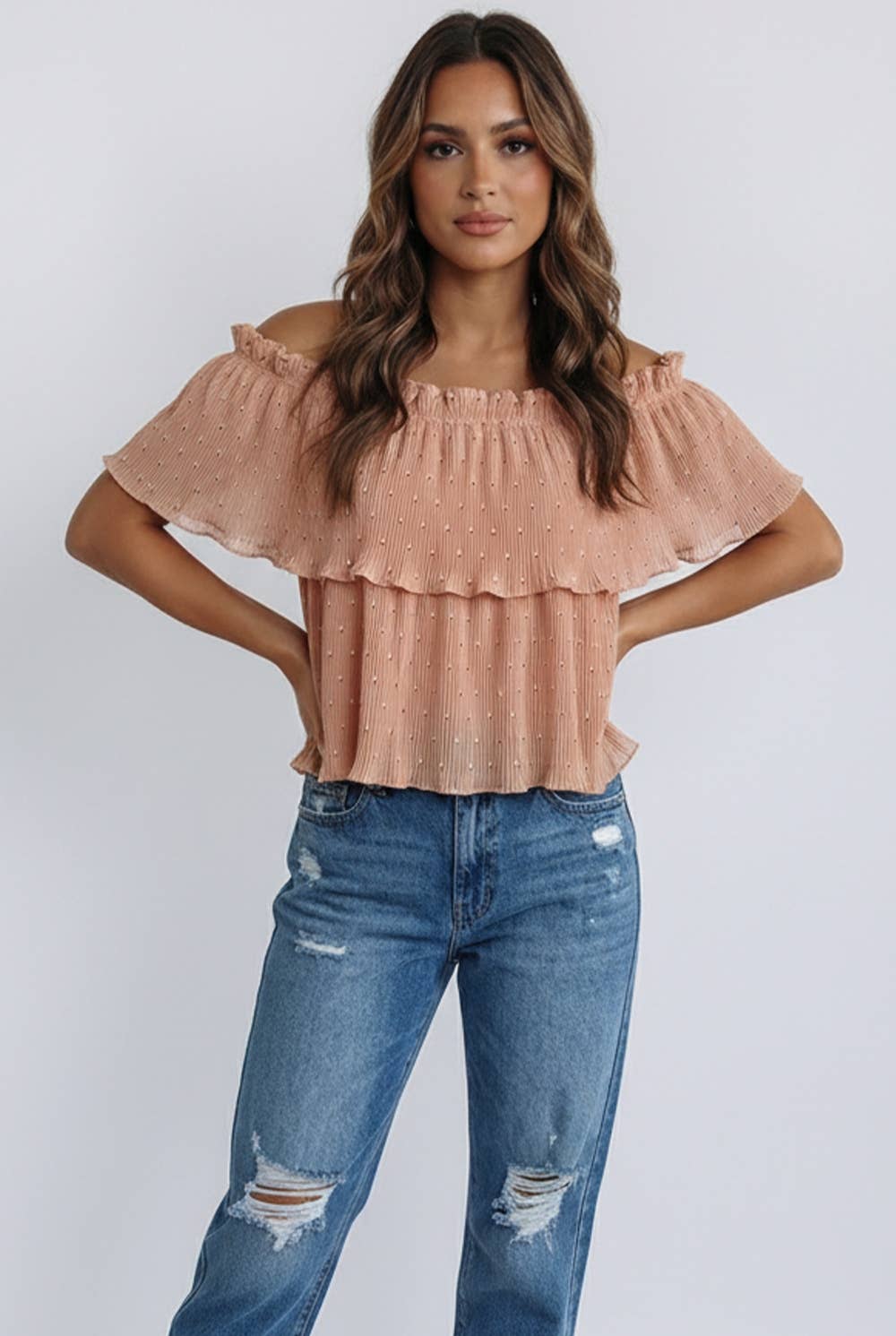 ACCORDION PLEAT FRILL NECK TOP