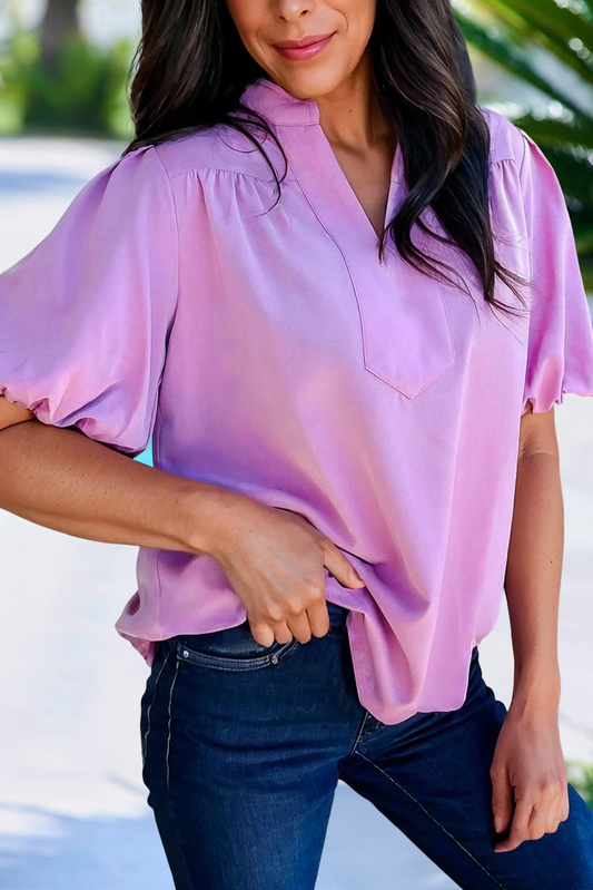 Solid V Neck Puff Short Sleeve Blouse | S-XL