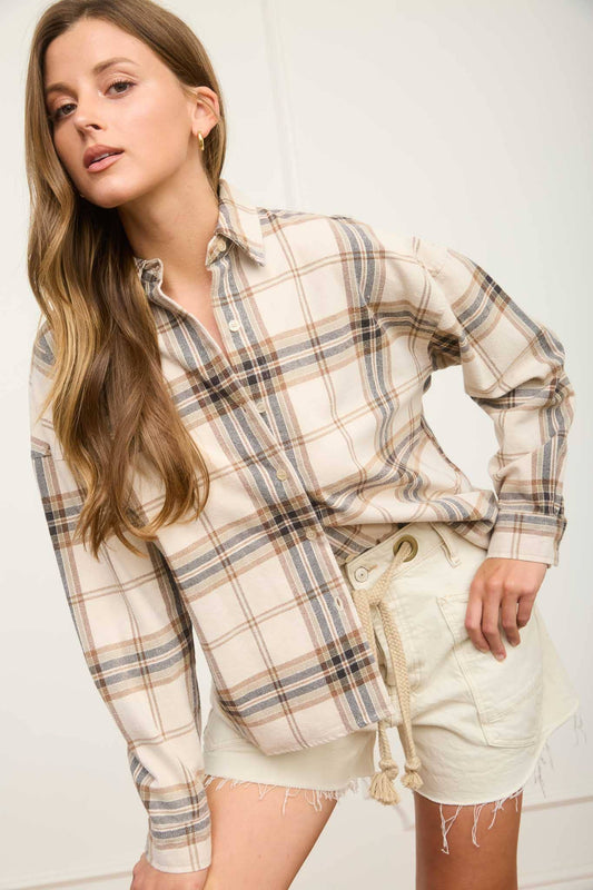 PLAID BUTTON DOWN COLLARED BOXY LONG SLEEVE SHIRT