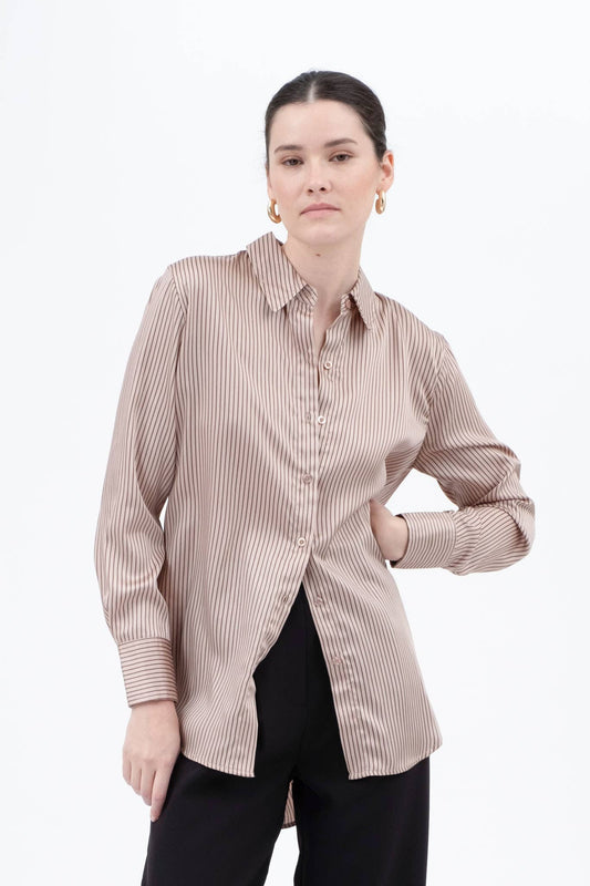 PINSTRIPE BUTTON DOWN LONG SLEEVE SATIN BLOUSE