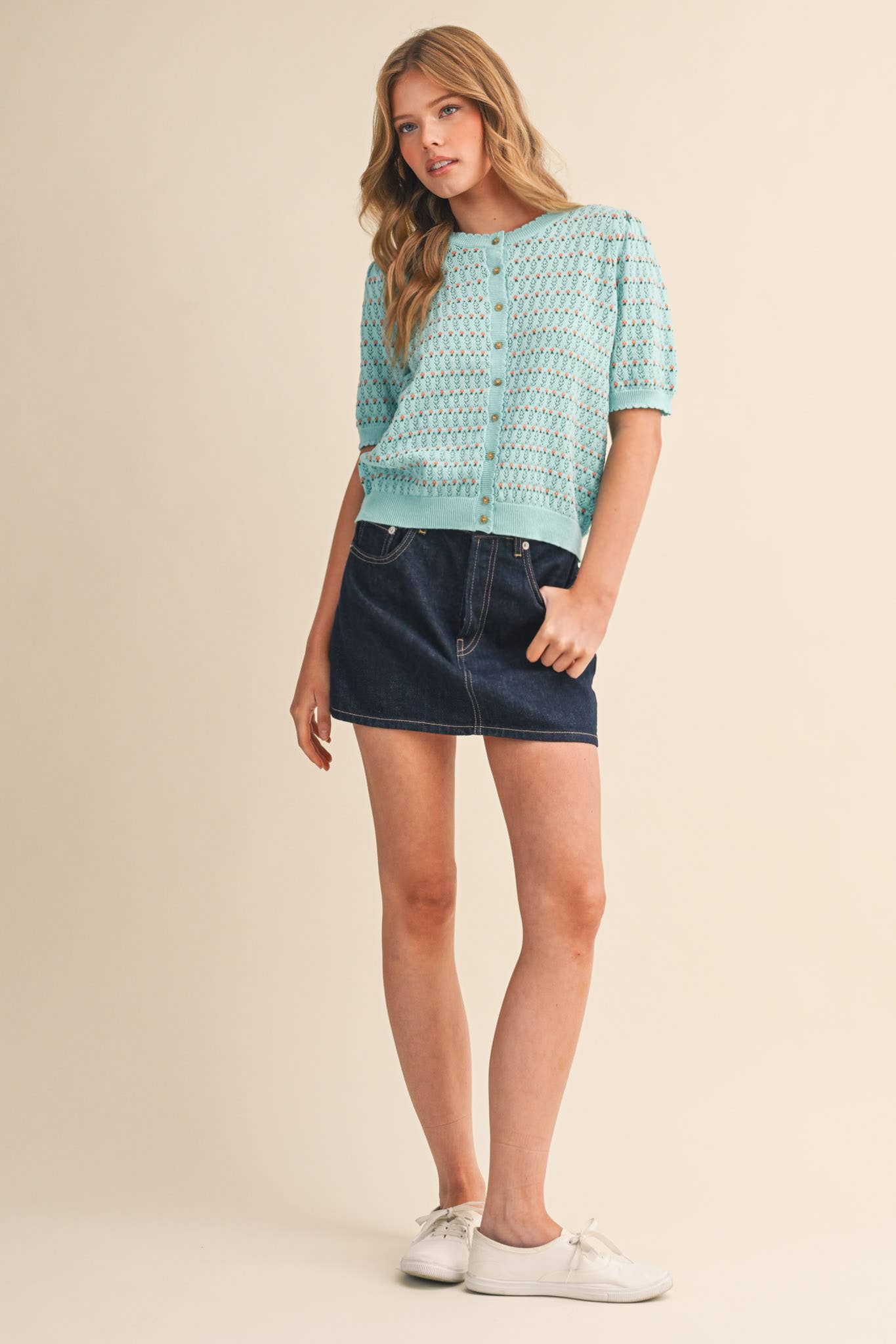 POINTELLE SHORT PUFF SLEEVE BUTTON DOWN SWEATER MSW11254