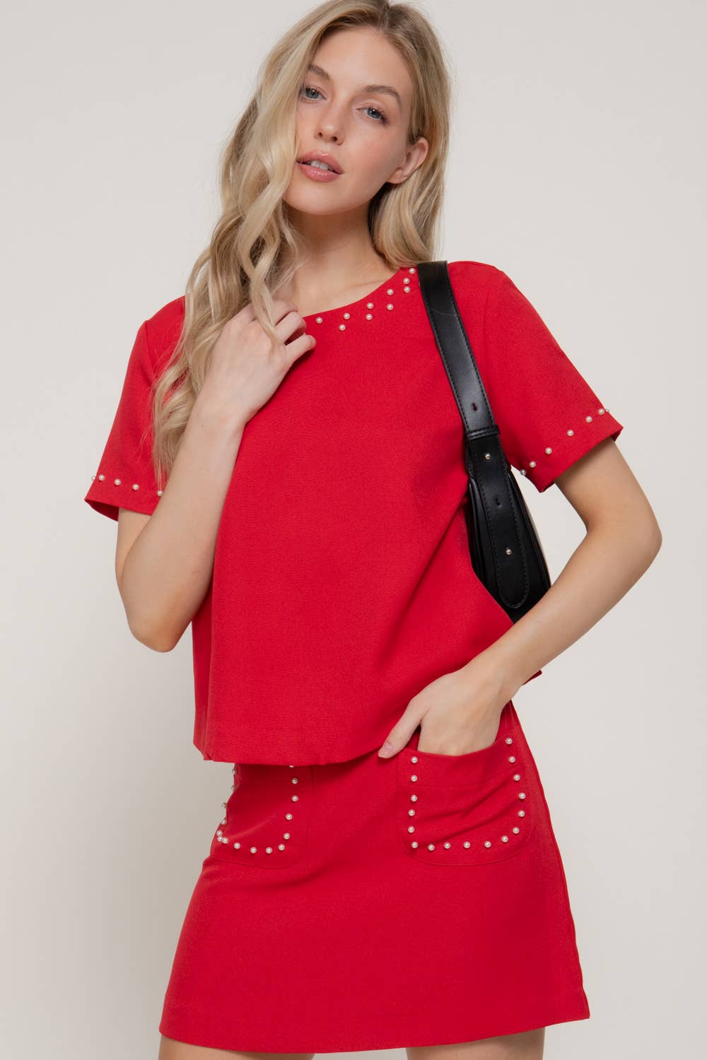 Short Sleeve Round Neck Pearl Trim Woven Top