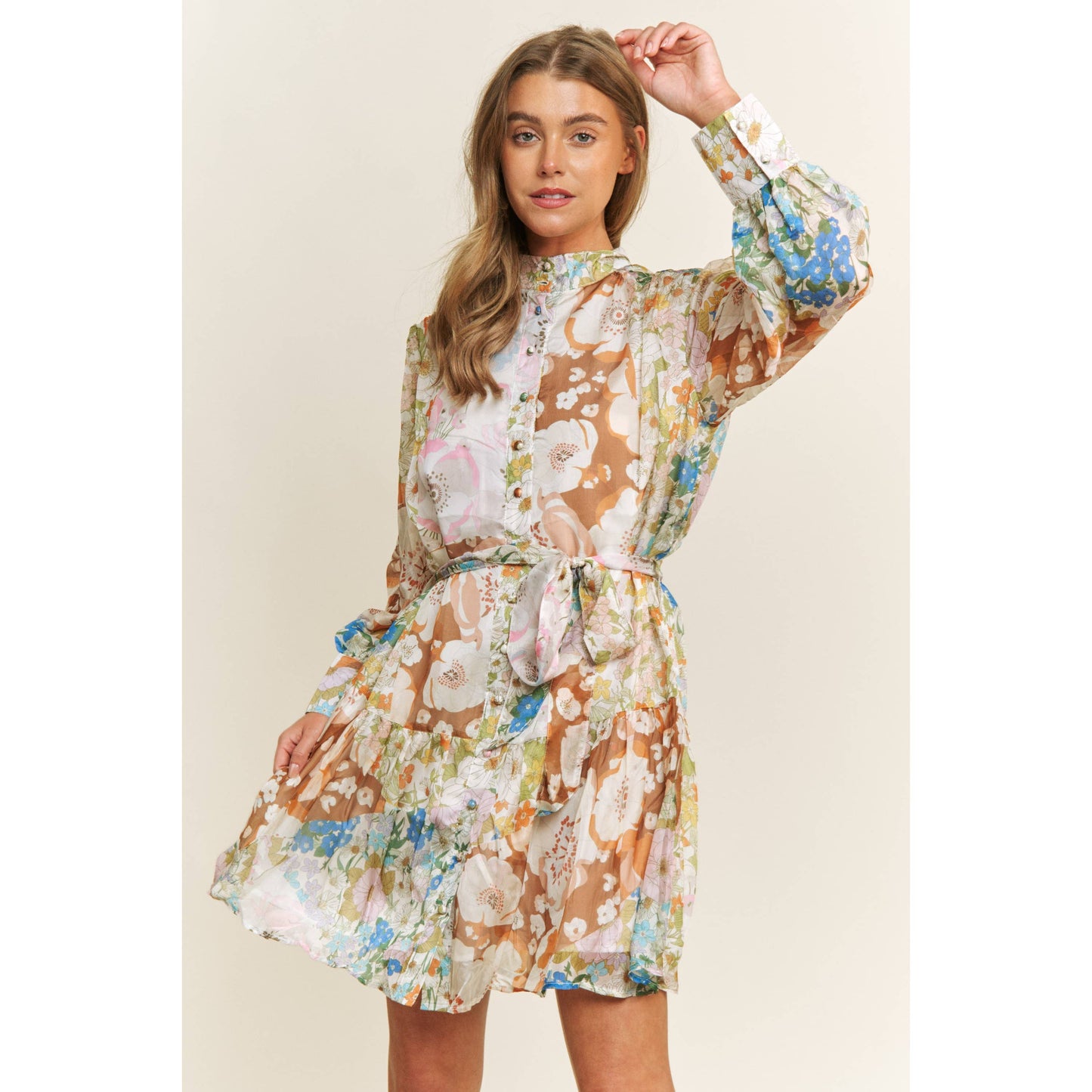 CHIFFONE FLORAL PRINT MINI SHIRT DRESS