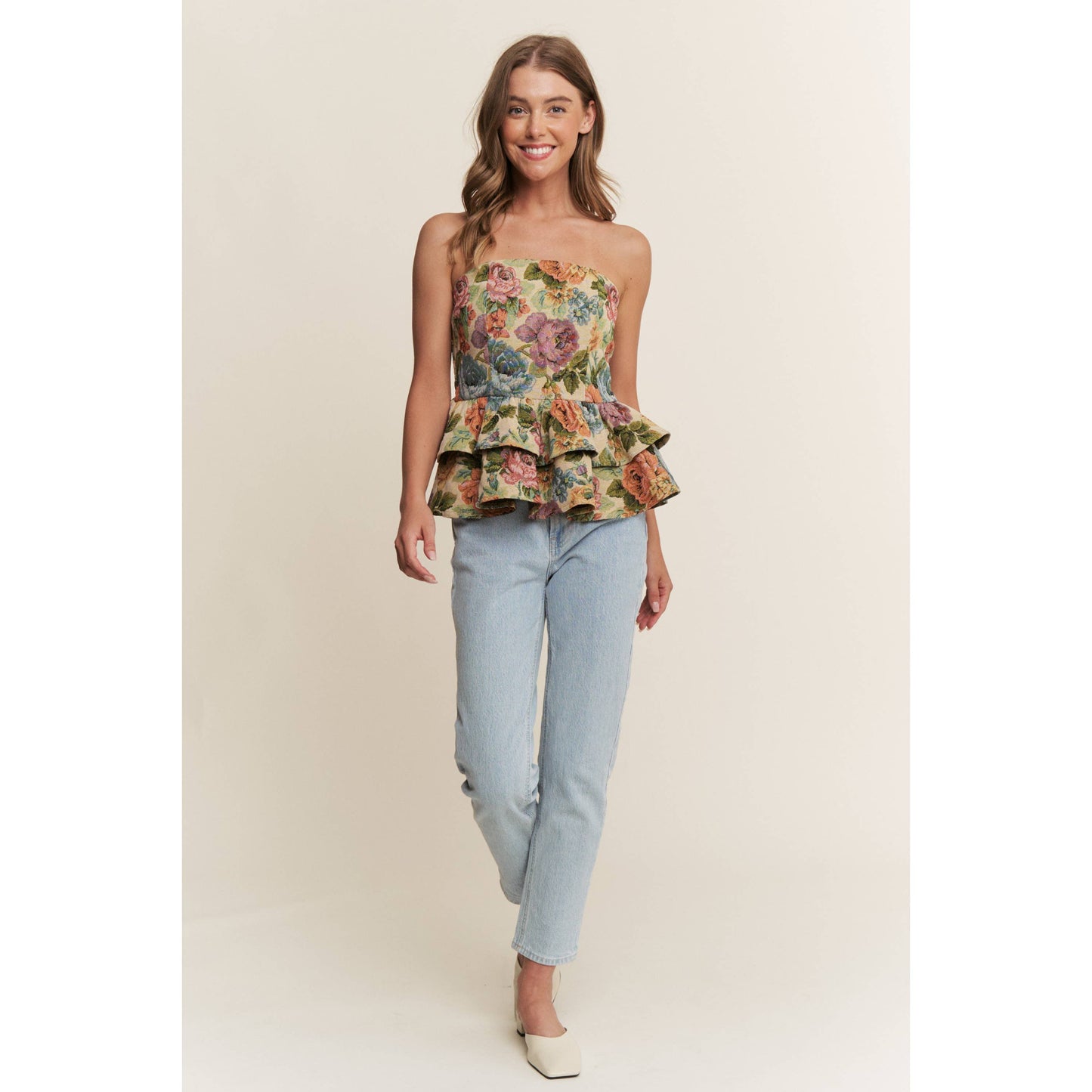 VINTAGE FLORAL PRINT WOVEN PEPLUM TIERED TUBE TOP