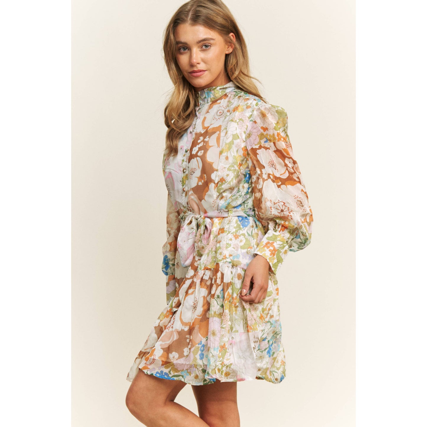 CHIFFONE FLORAL PRINT MINI SHIRT DRESS
