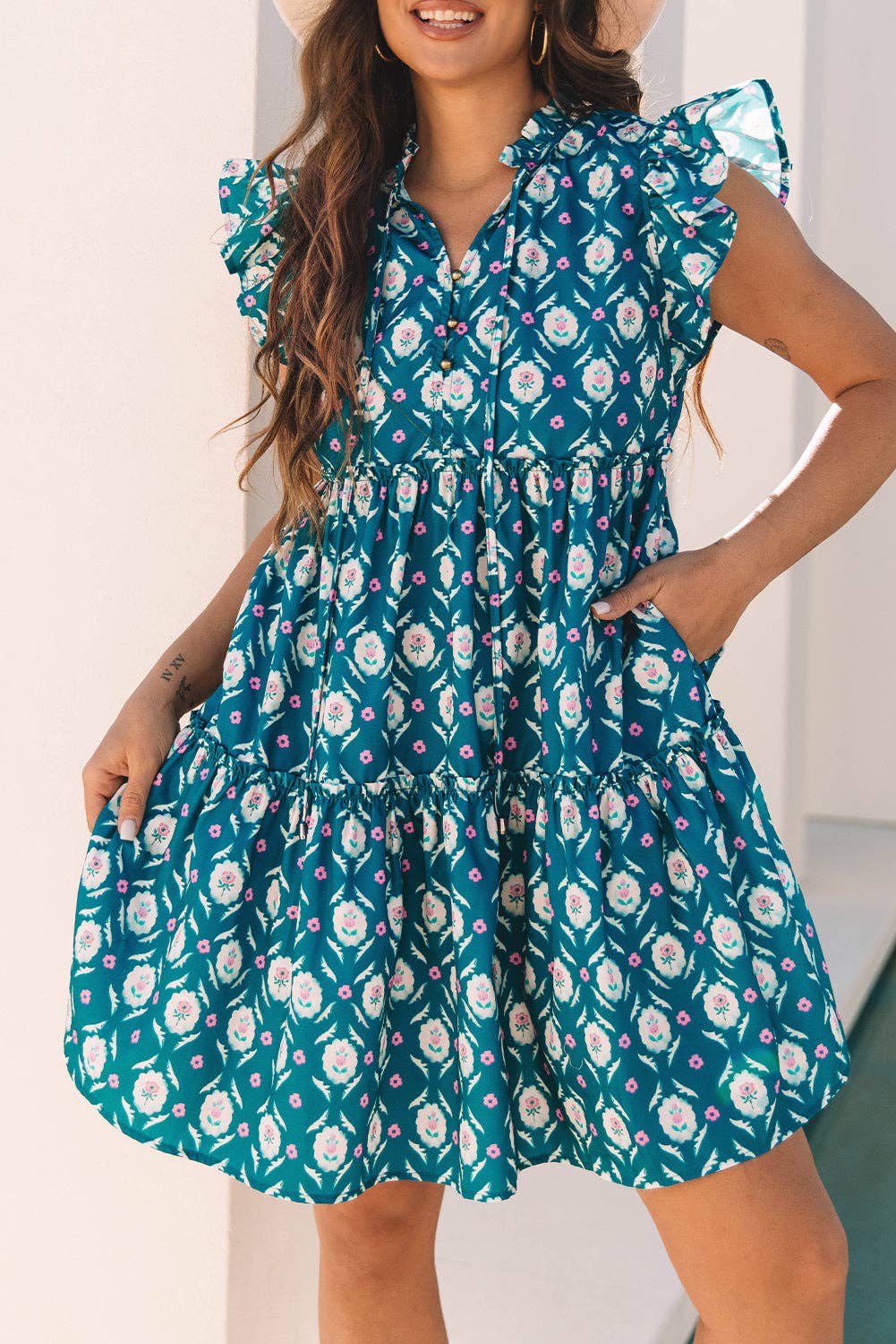 Floral Ruffle Sleeve Tiered Dress