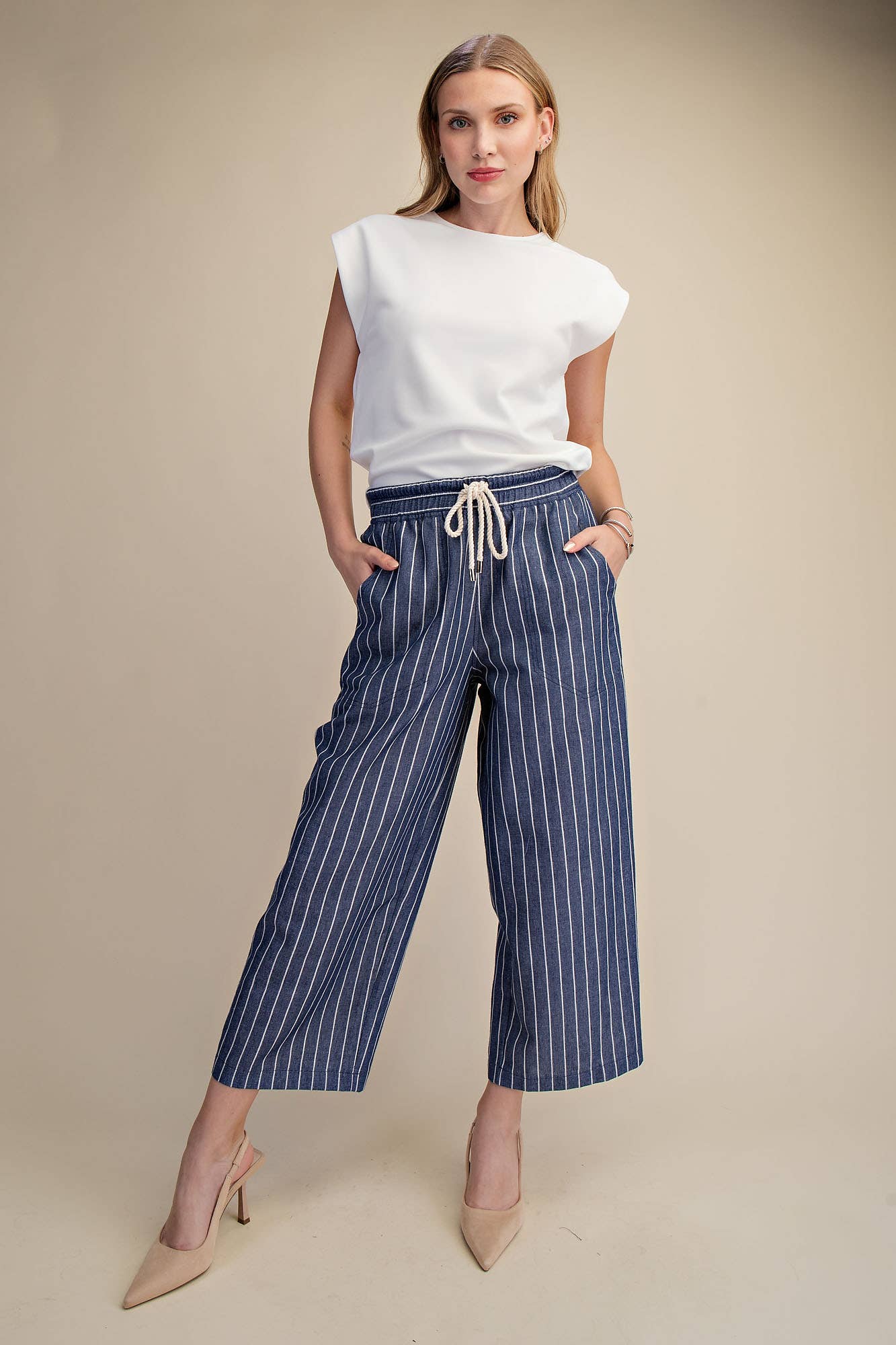 Drawstring Mid-Rise Stripe Wide Pants