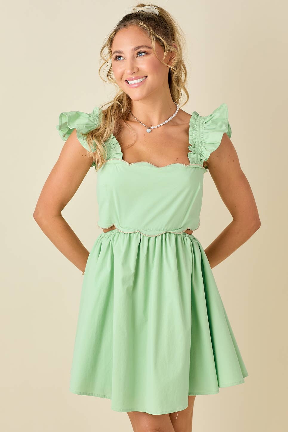 Scallop mini dress with ruffled shoulder