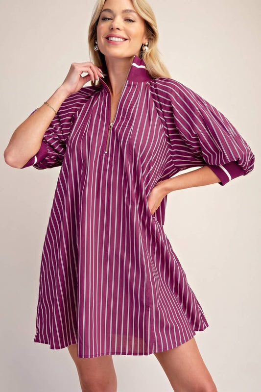 Mock Neck Band Half Zip Stripe Mini Dress