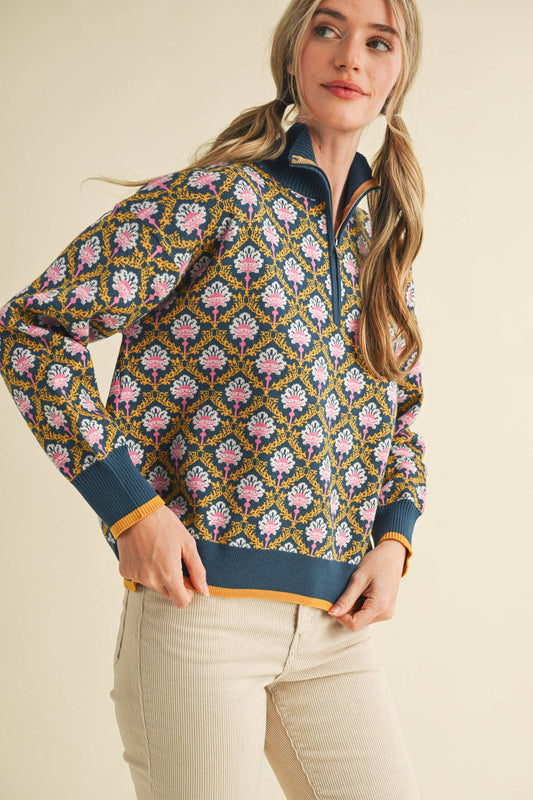 FLORAL MOCK NECK HALF ZIP PULLOVER