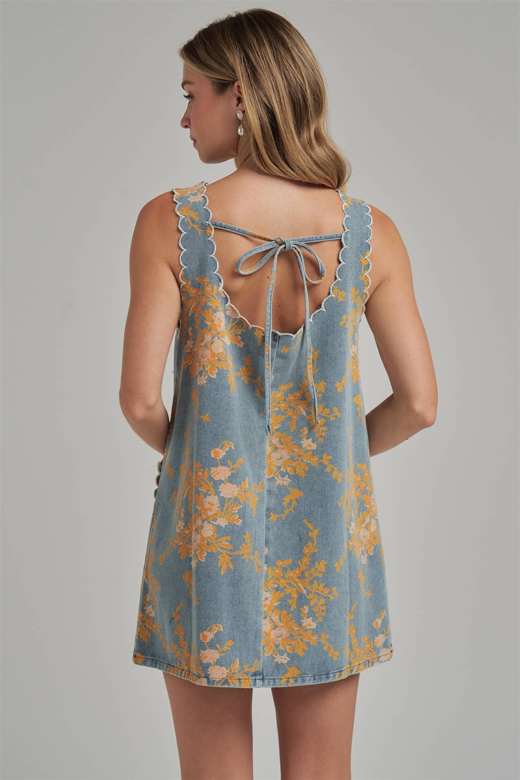 FLORAL DENIM MINI DRESS WITH SCALLOPED EMBROIDERY STITCHING
