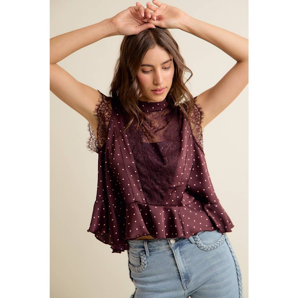 POLKA DOT LACE TRIM RUFFLED NECK BLOUSE