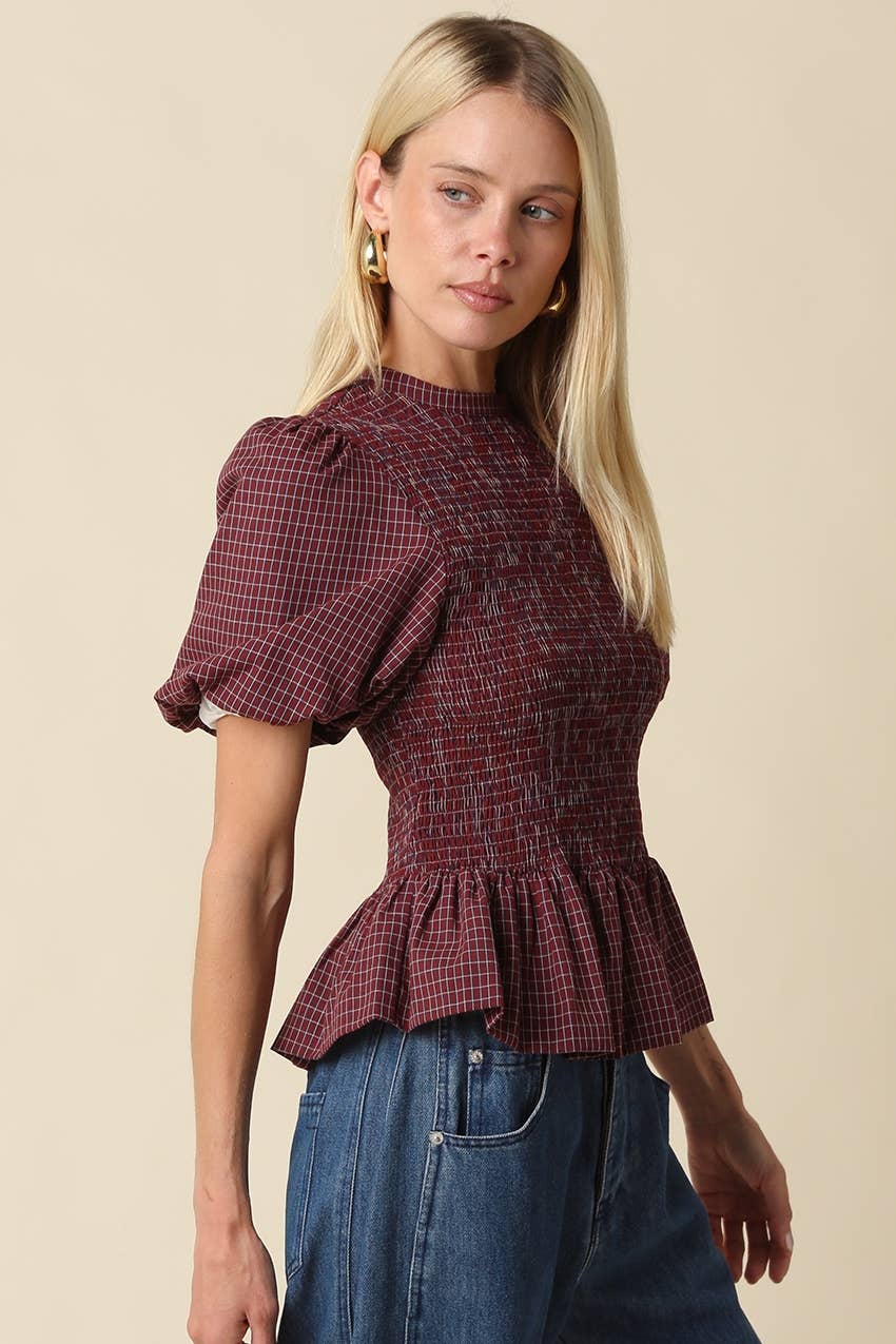 Maggie Plaid Smocked Peplum Top