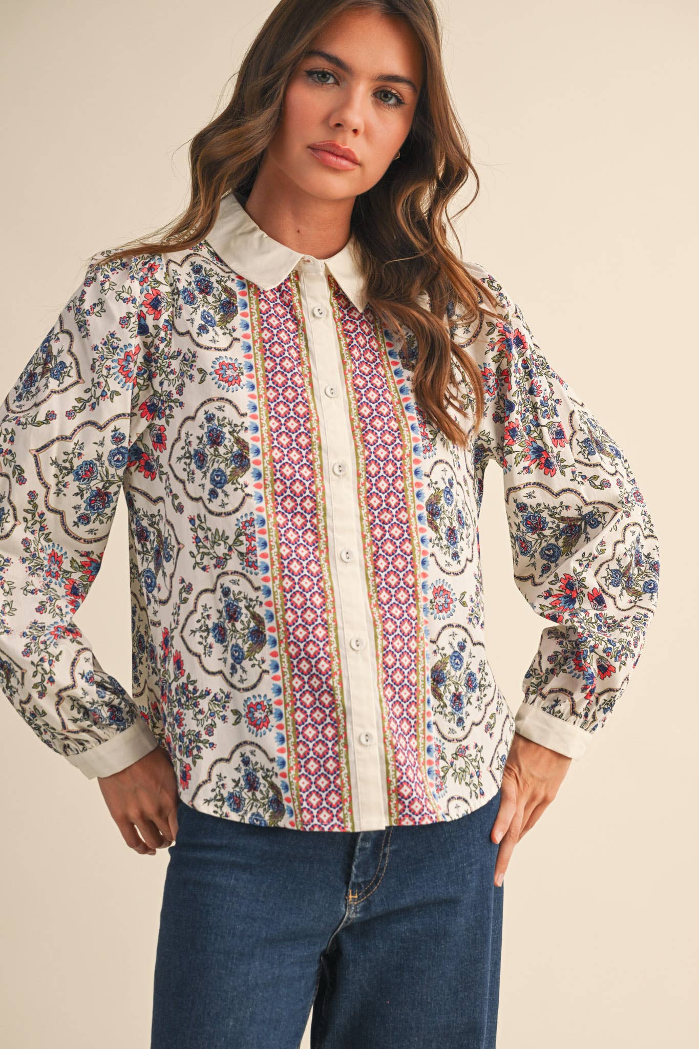 EXCLUSIVE FLORAL BORDER PRINT BUTTON UP TOP