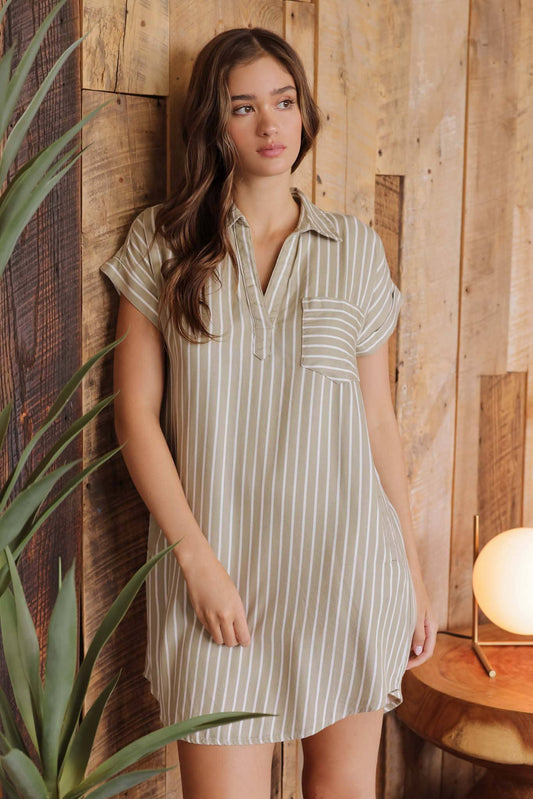 STRIPE COLLARED SHORT SLEEVE MINI SHIRT DRESS