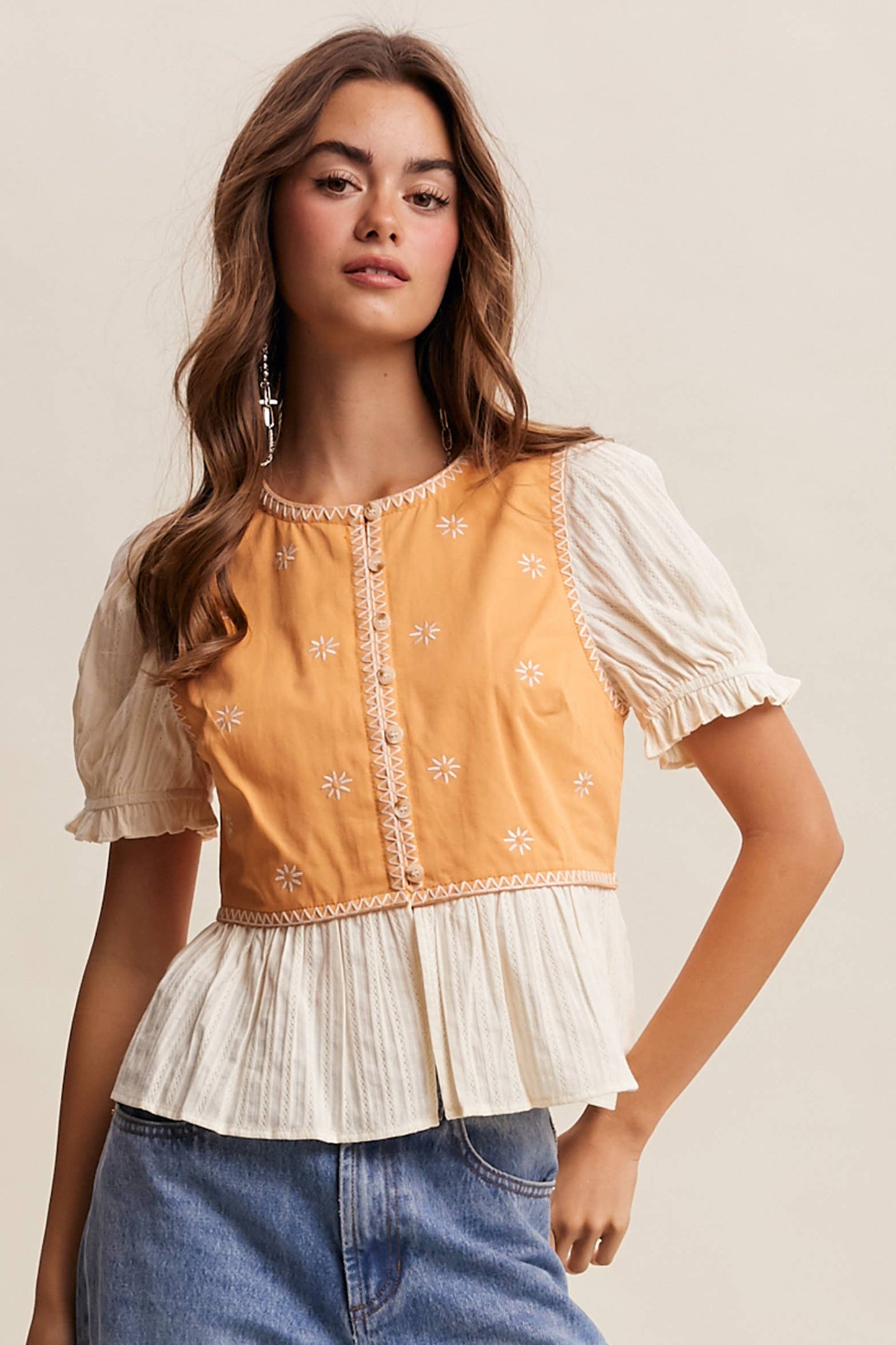 Embroidered Peplum Mixed-Media Top
