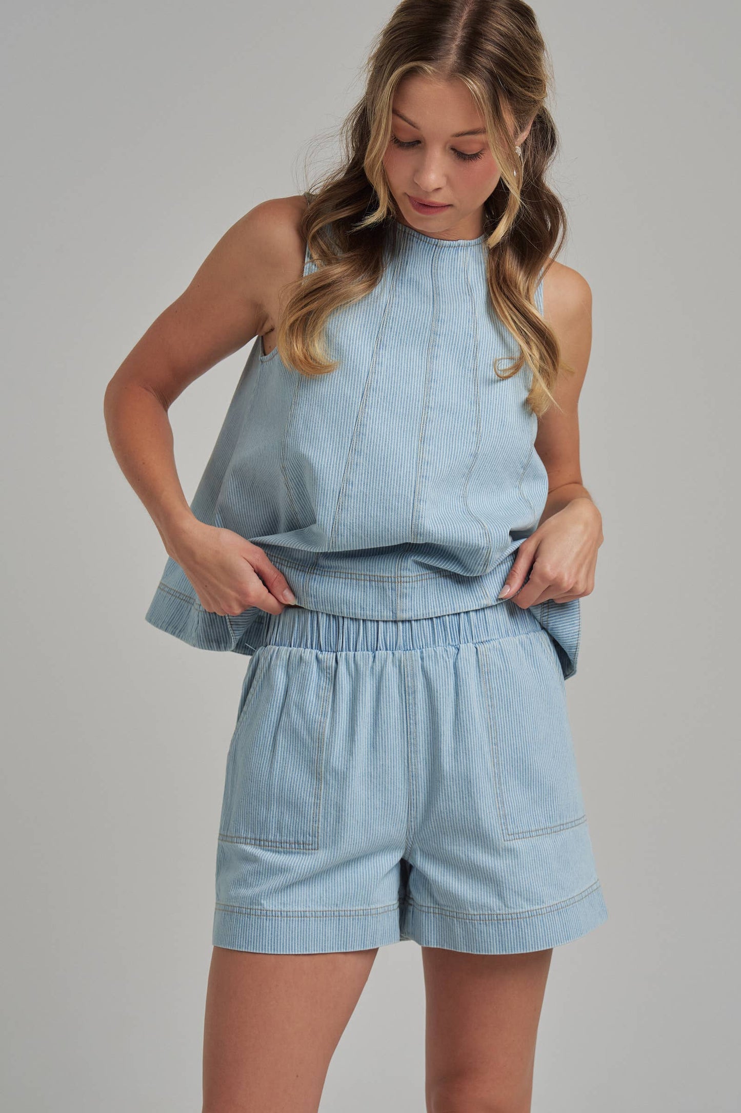 SLEEVELESS PIN STRIPE DENIM TOP AND MATCHING SHORTS SET