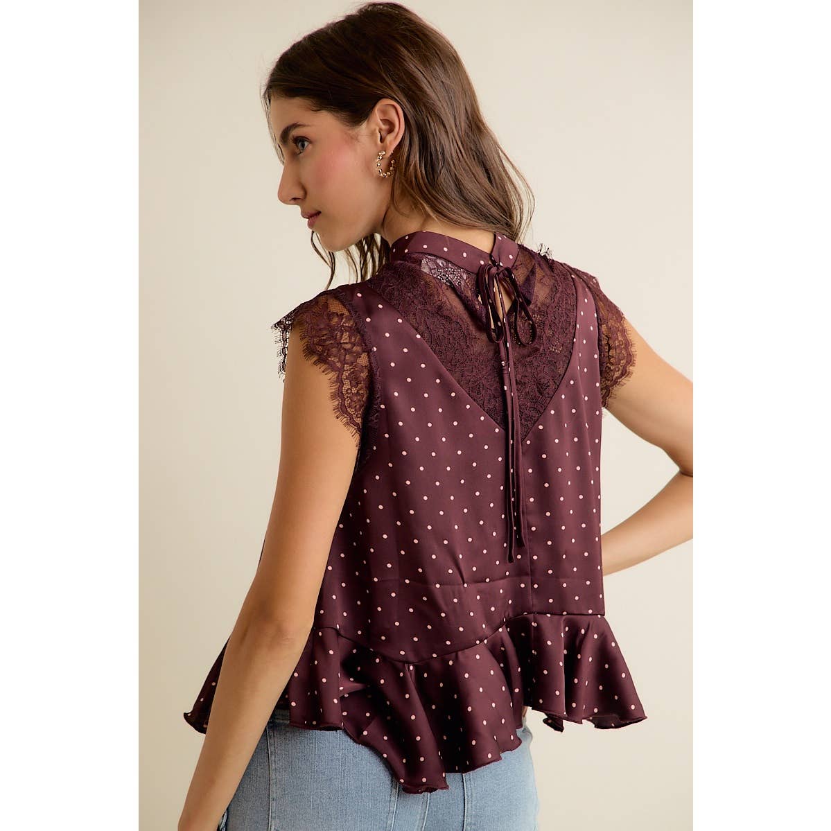 POLKA DOT LACE TRIM RUFFLED NECK BLOUSE