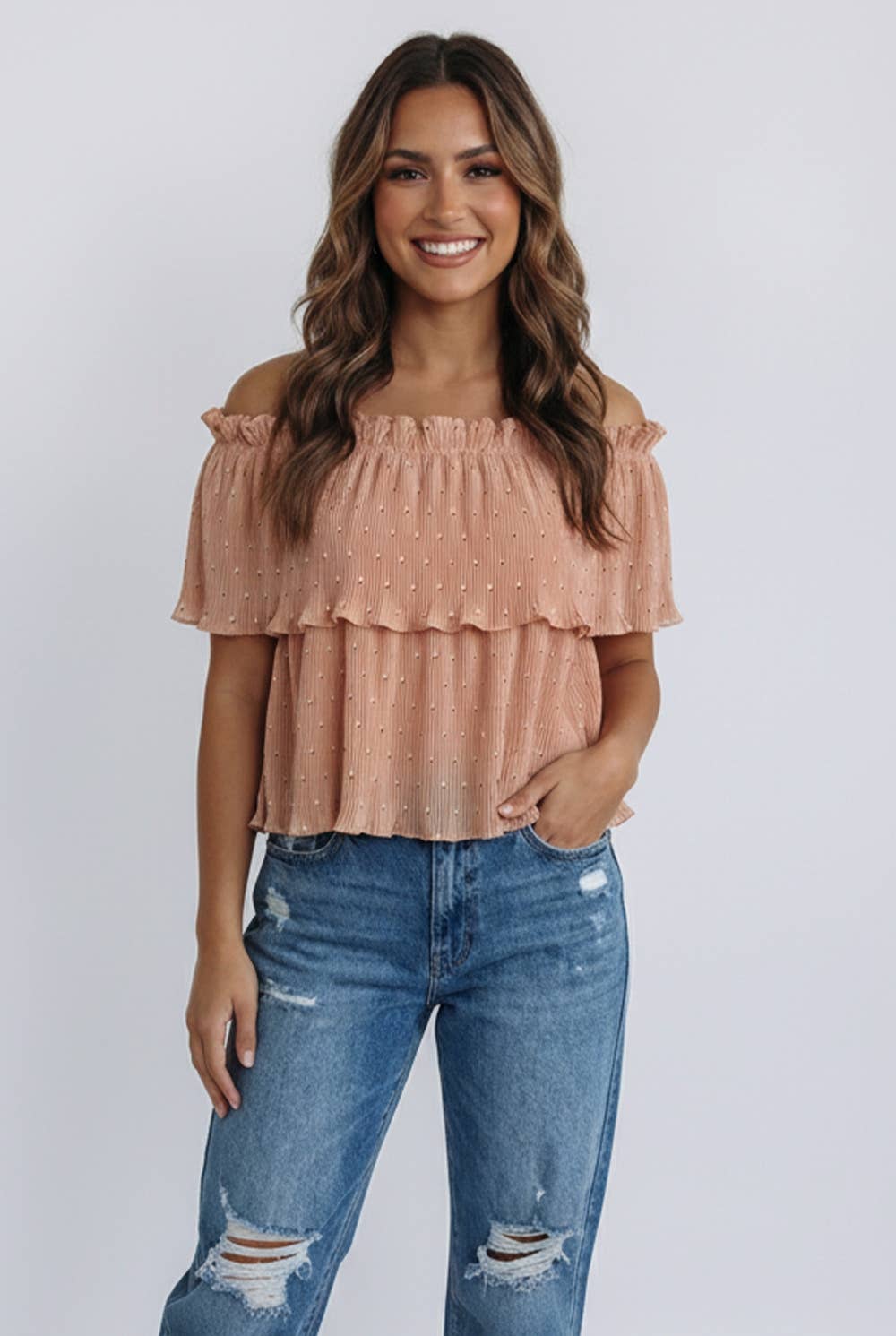 ACCORDION PLEAT FRILL NECK TOP
