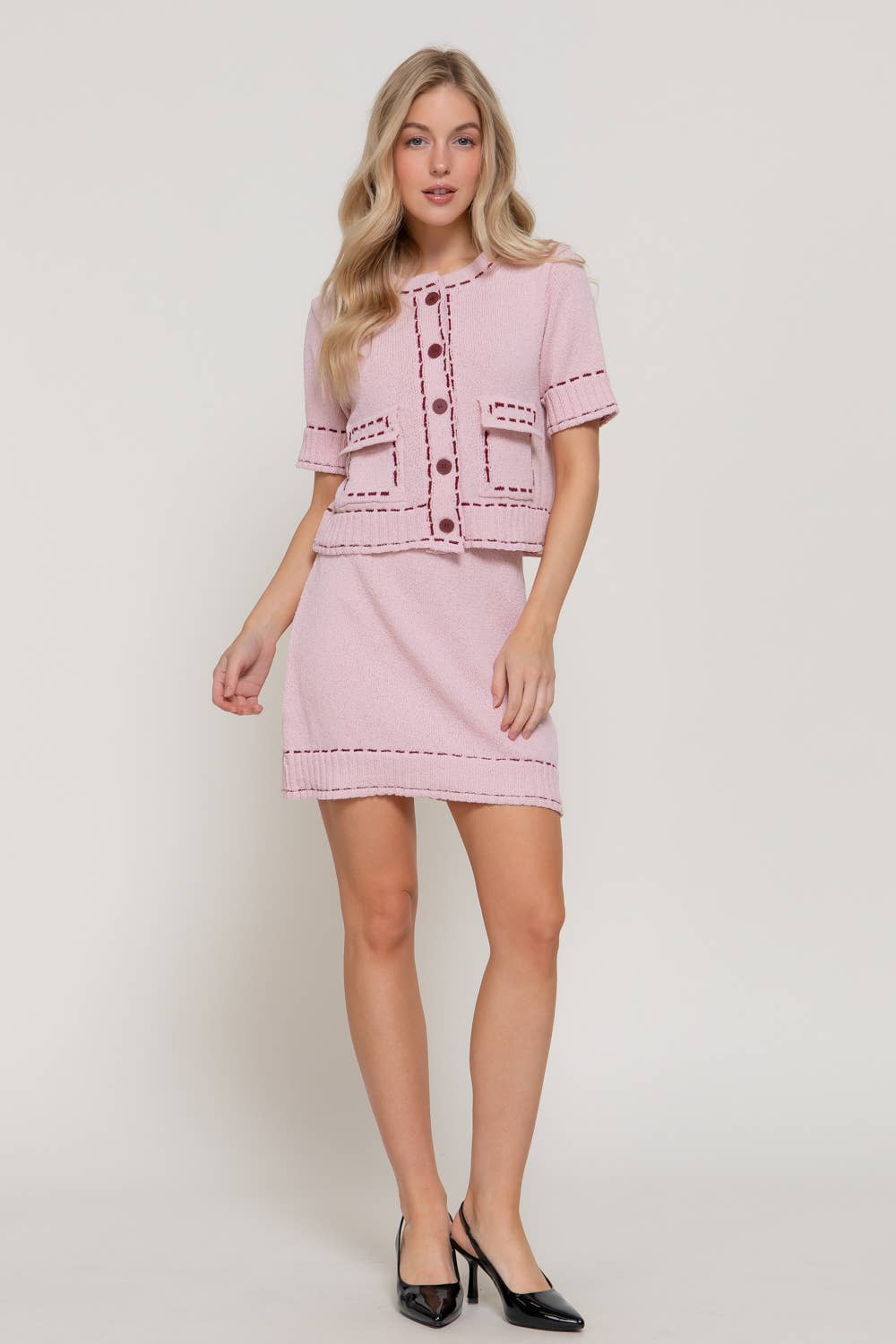 Short Sleeve Contrasting Stitched Sweater Cardigan