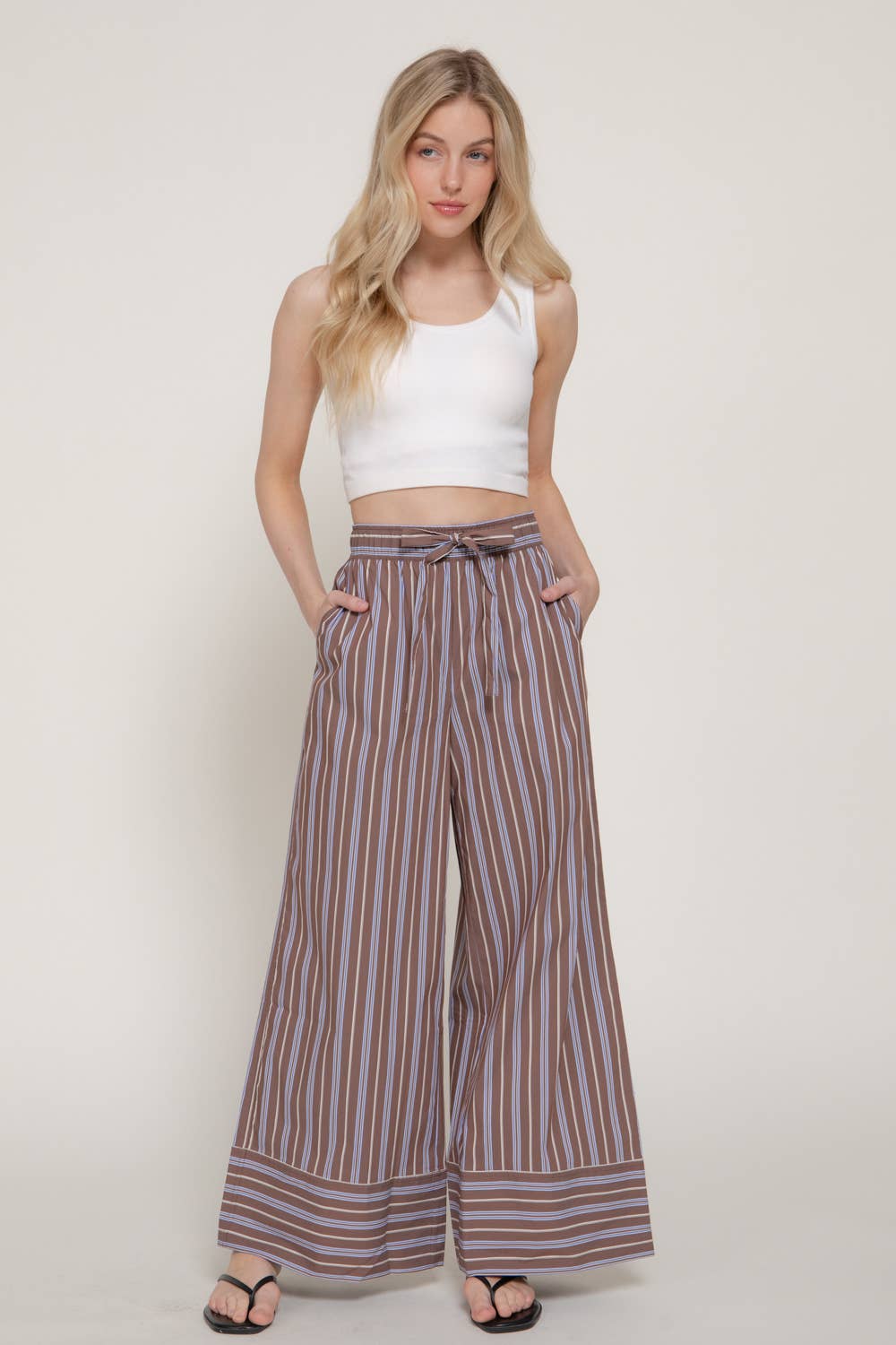 Elastic Waist Multi Stripe Poplin Straight Long Pants