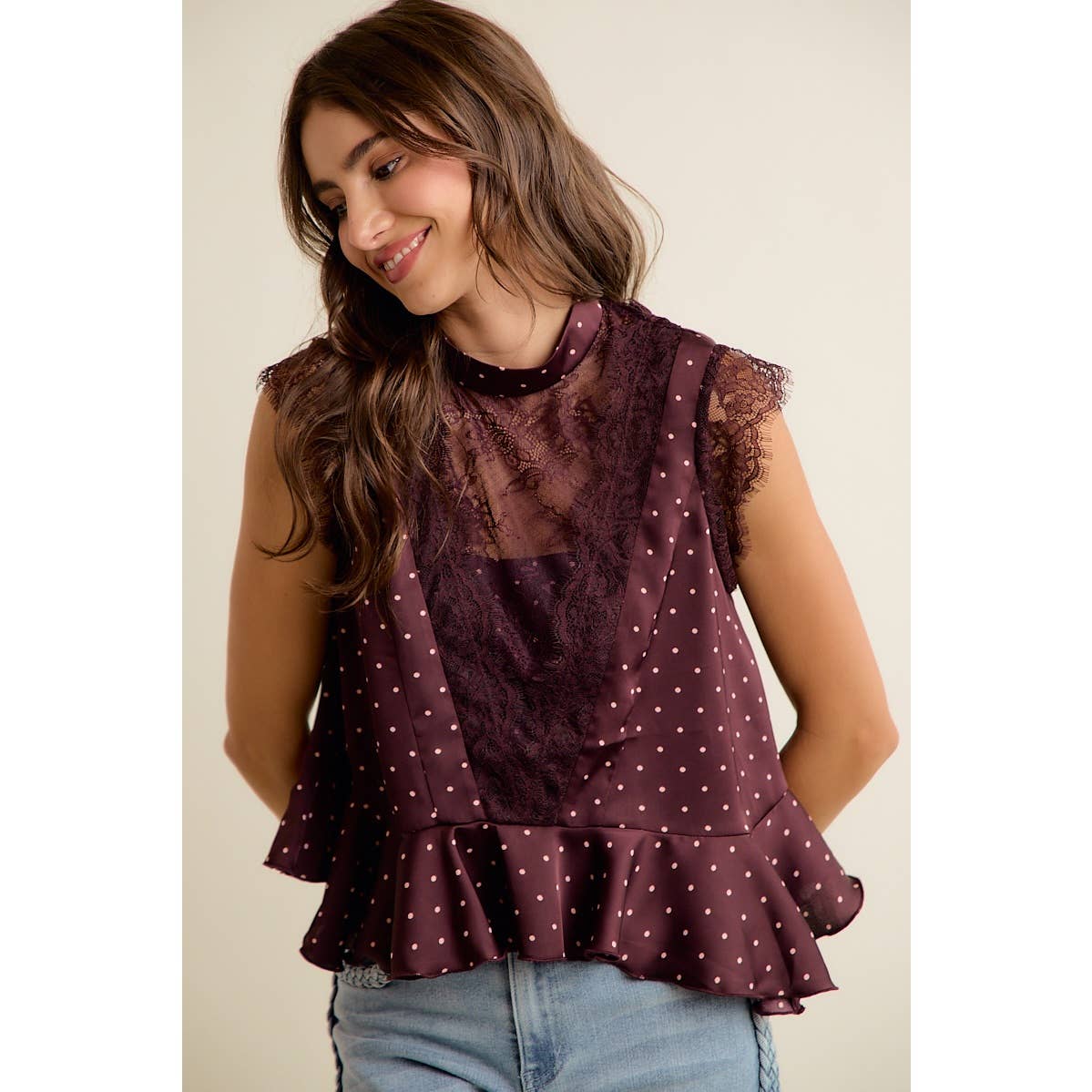 POLKA DOT LACE TRIM RUFFLED NECK BLOUSE
