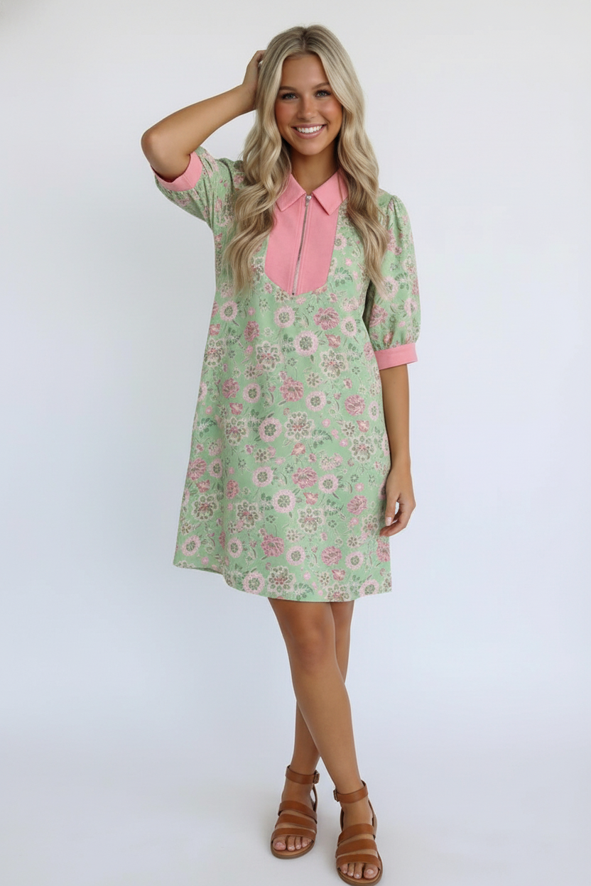 PRINTED WOVEN MINI DRESS W/ CONTRAST COLLAR DETAIL