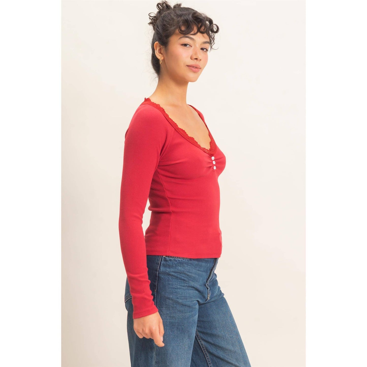 Lace-Trim Henley Top