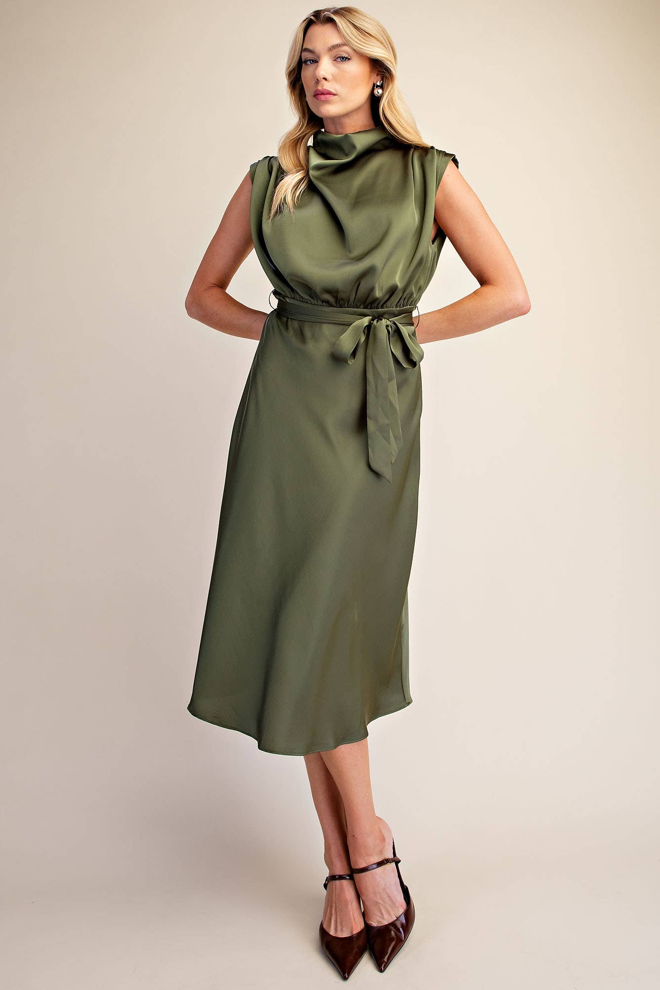 Waist Tie Sleeveless Midi Dress with Cowl Neck