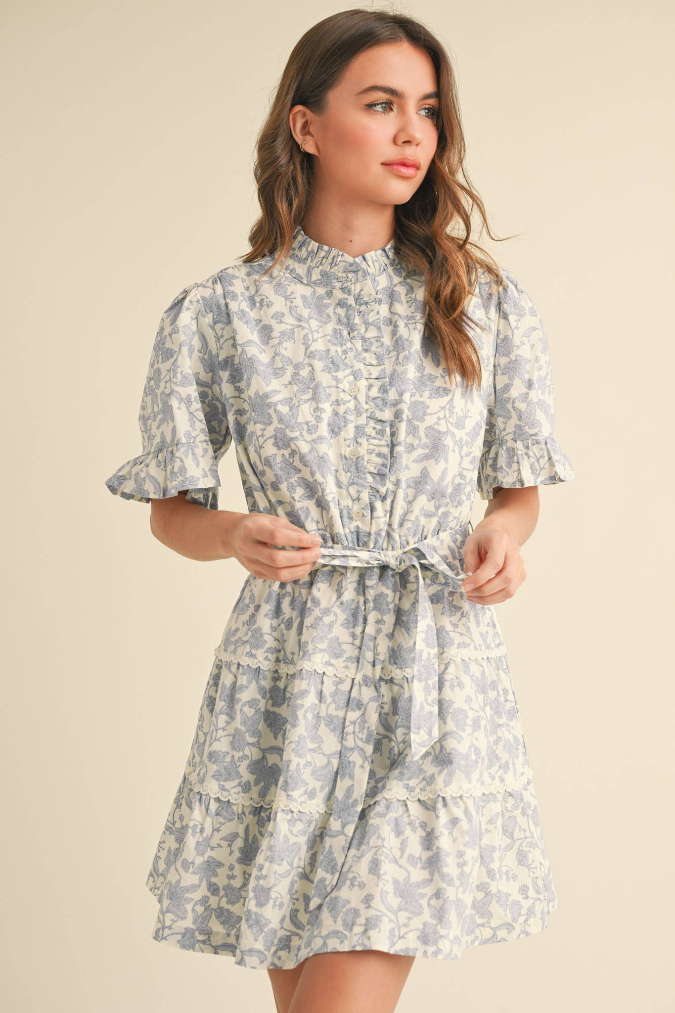 RUFFLED BUTTON DOWN FLORAL MINI DRESS MDR3578