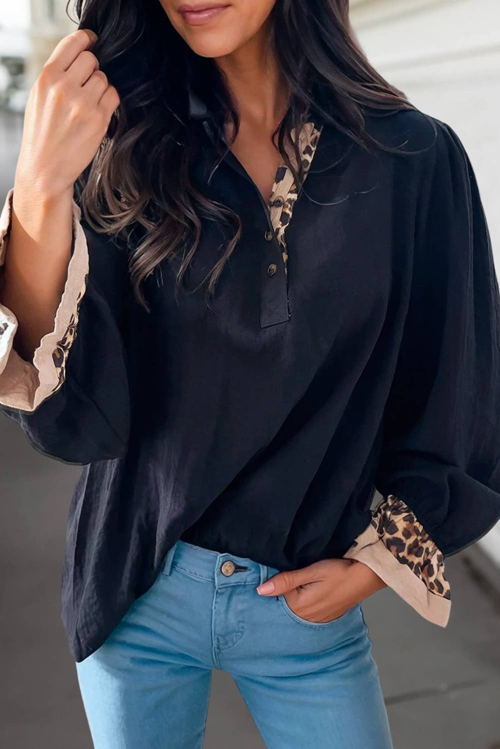 Chic Black Leopard Trim Long Sleeve Top | S-XL