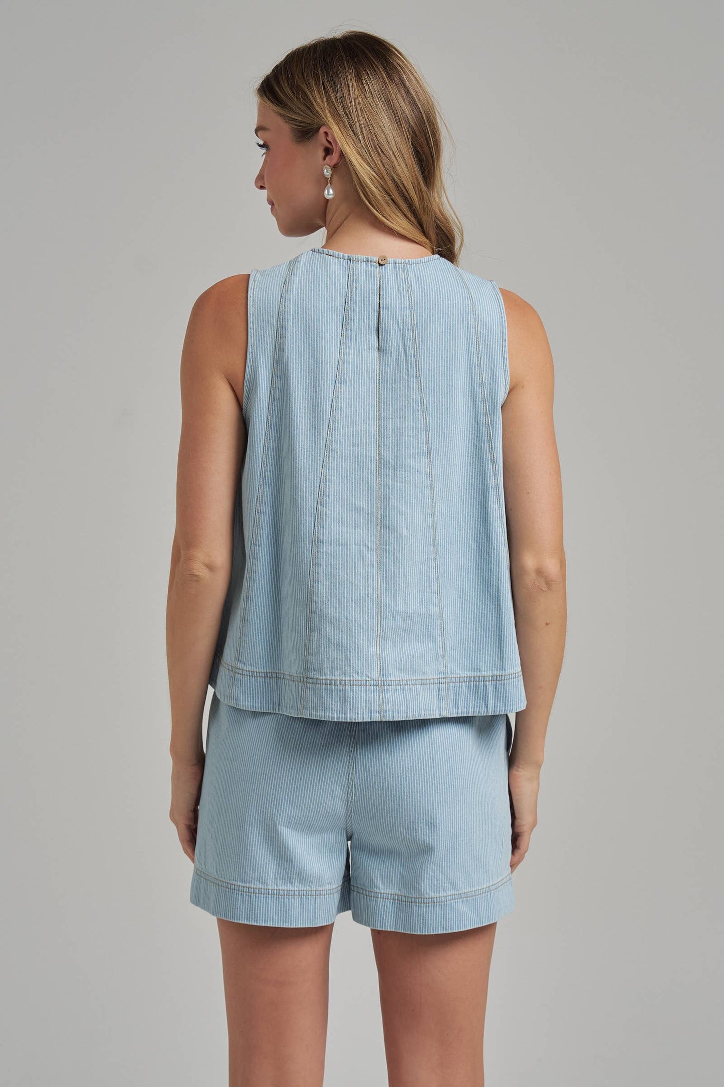 SLEEVELESS PIN STRIPE DENIM TOP AND MATCHING SHORTS SET
