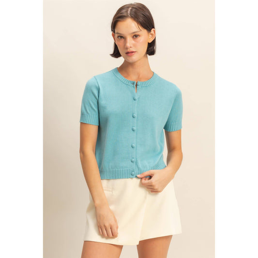Crew Neck Short Sleeve  Buttoned Cardigan Blue