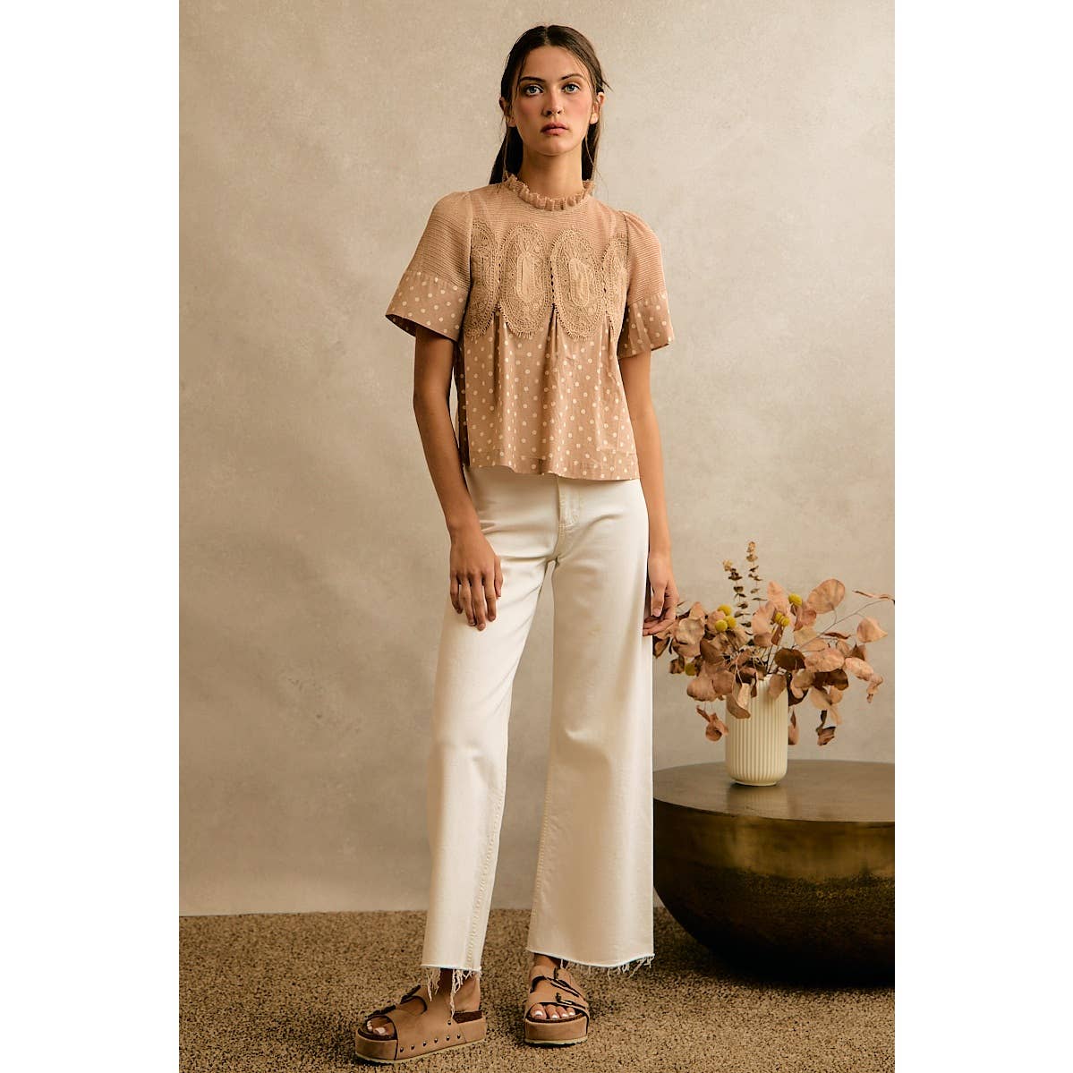 POLKA DOT PRINT LACE TRIM SHORT SLEEVES COTTON BLOUSE TOP
