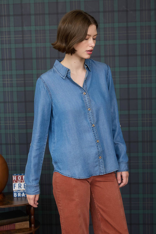 CHAMBRAY COLLARED 3/4 TAB SLEEVE BUTTON DOWN SHIRT