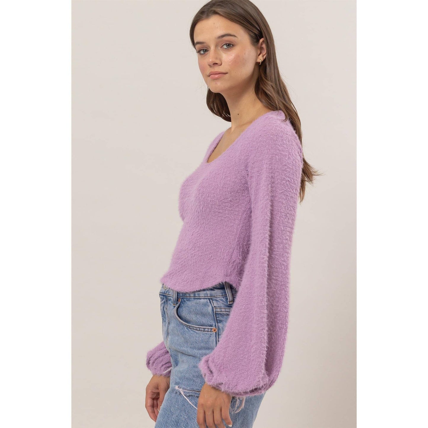 Scoop Neck Fuzzy Knit Top Purple