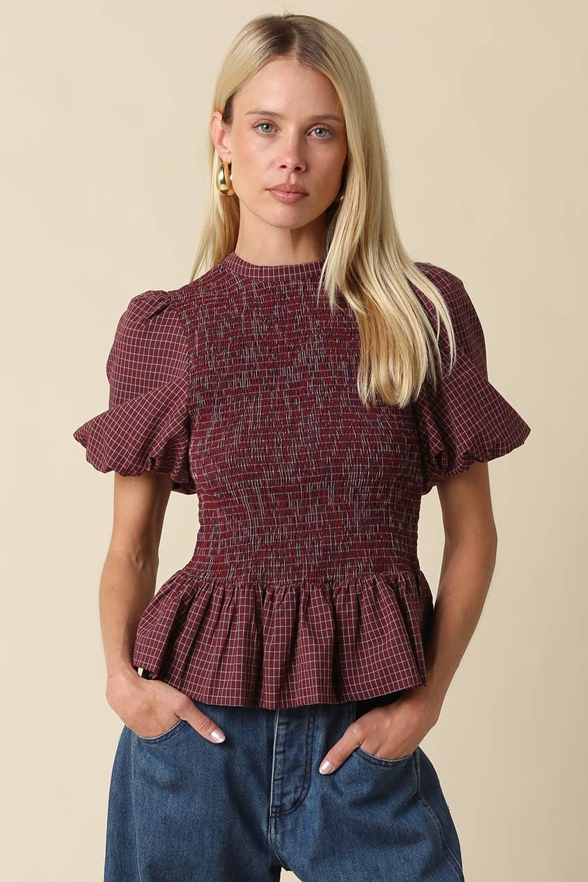 Maggie Plaid Smocked Peplum Top