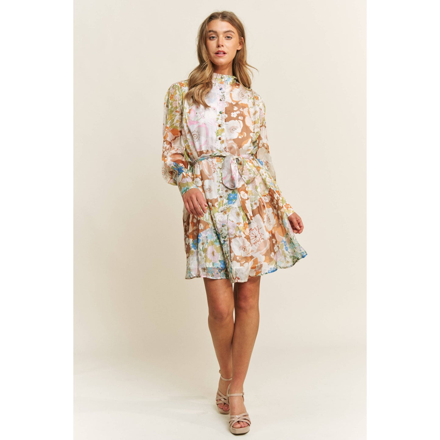 CHIFFONE FLORAL PRINT MINI SHIRT DRESS