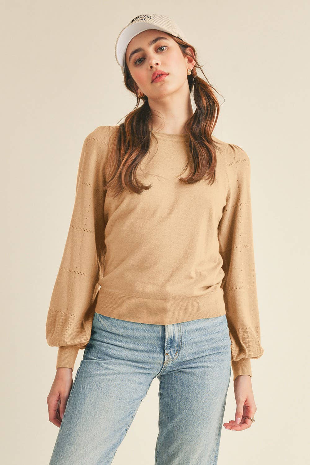 POINTELLE PUFF SLEEVE SWEATER MSW10115