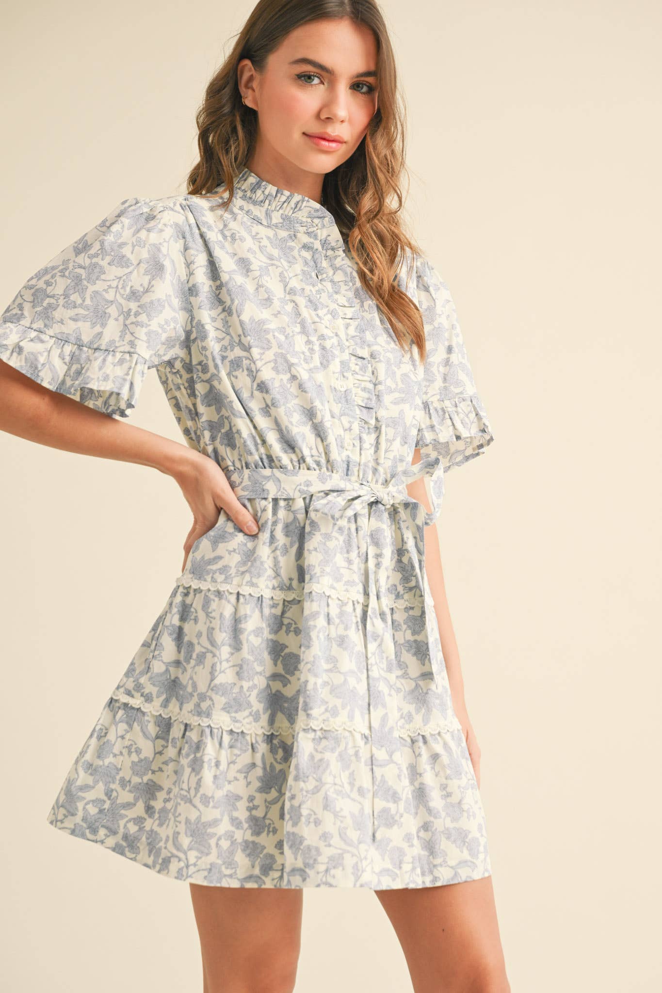 RUFFLED BUTTON DOWN FLORAL MINI DRESS MDR3578