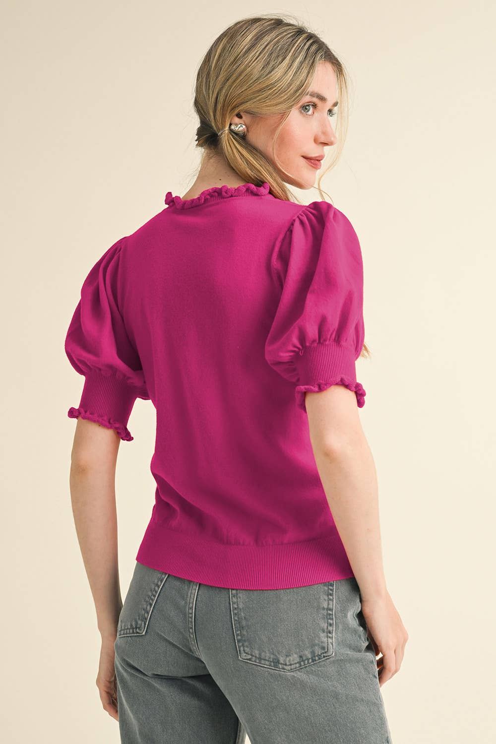 RUFFLE TRIM PUFF SLEEVE SWEATER MAGENTA