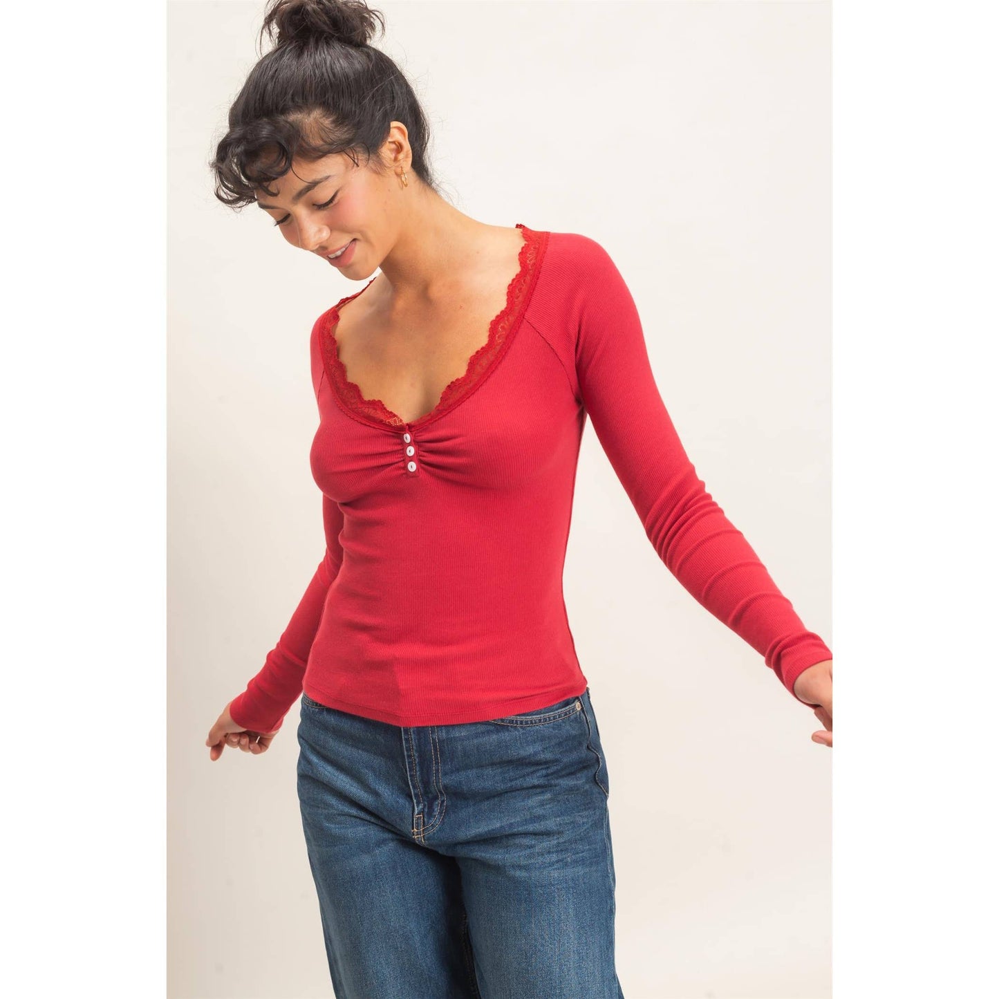 Lace-Trim Henley Top