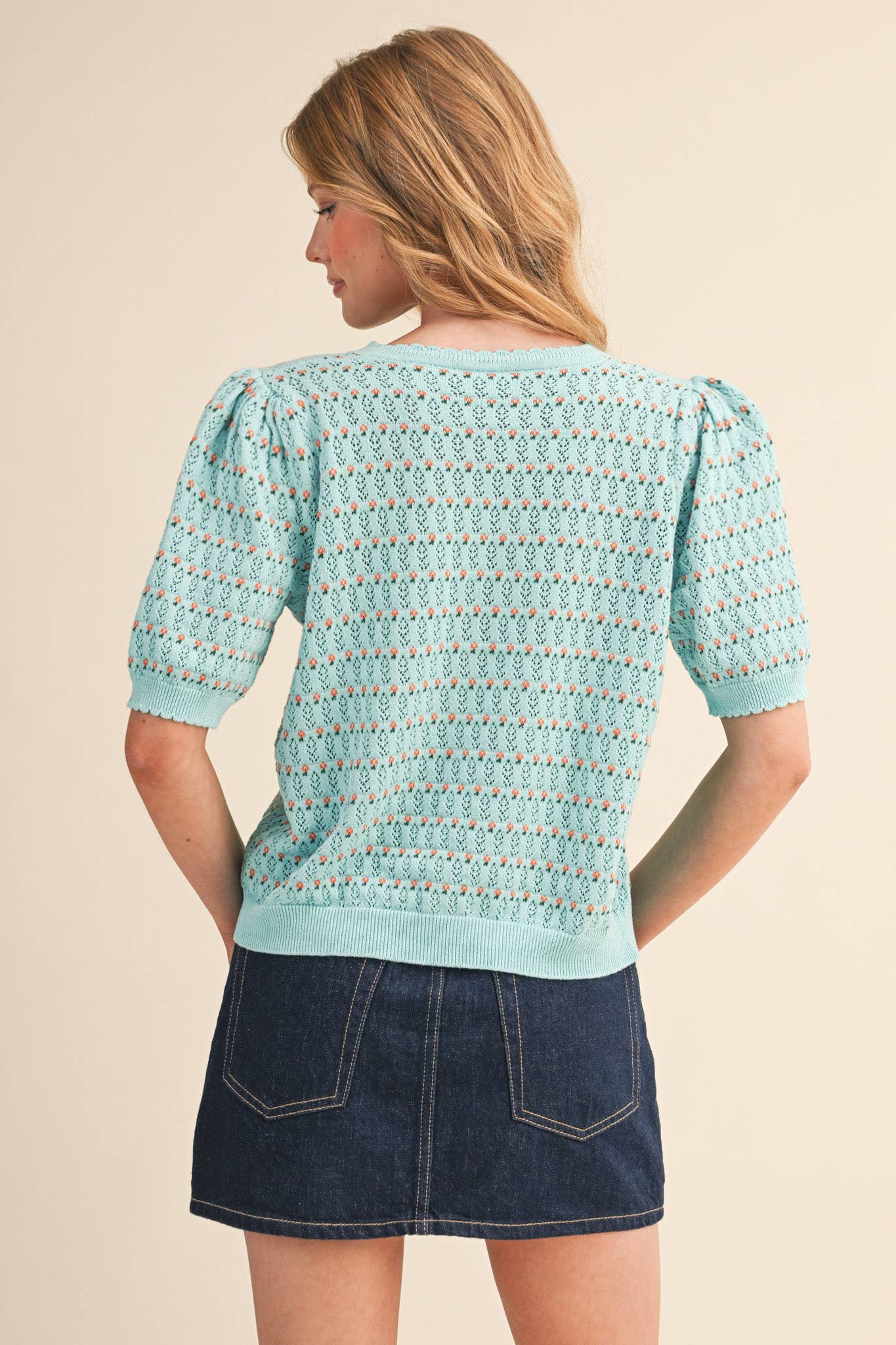 POINTELLE SHORT PUFF SLEEVE BUTTON DOWN SWEATER MSW11254