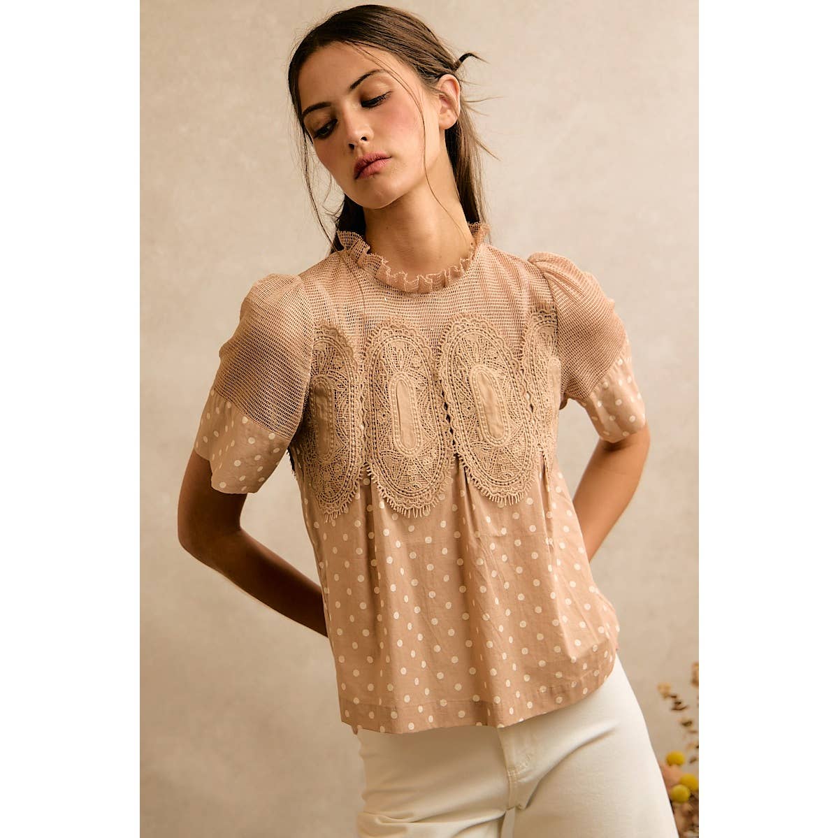 POLKA DOT PRINT LACE TRIM SHORT SLEEVES COTTON BLOUSE TOP