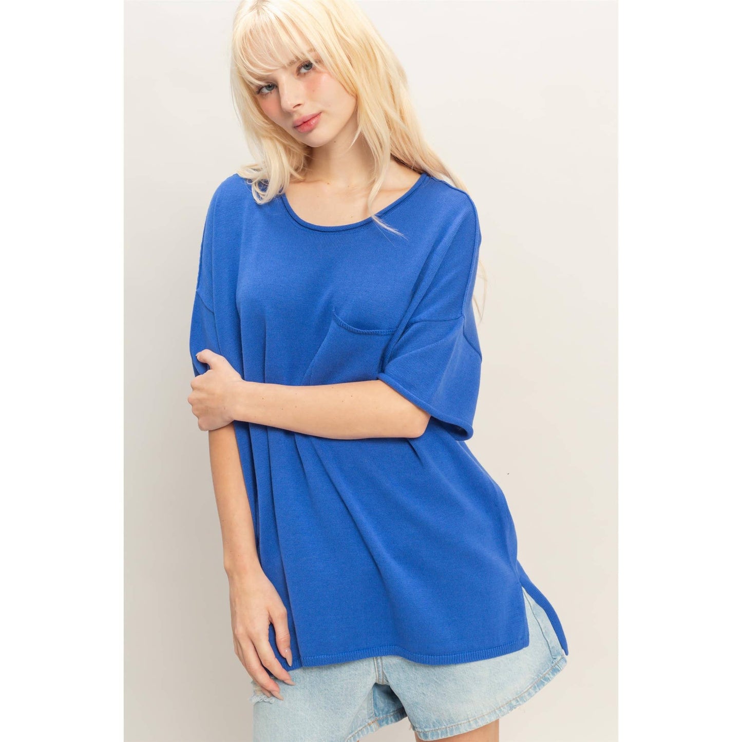 Oversized Short Sleeve Round Neck Pocket Knit Top