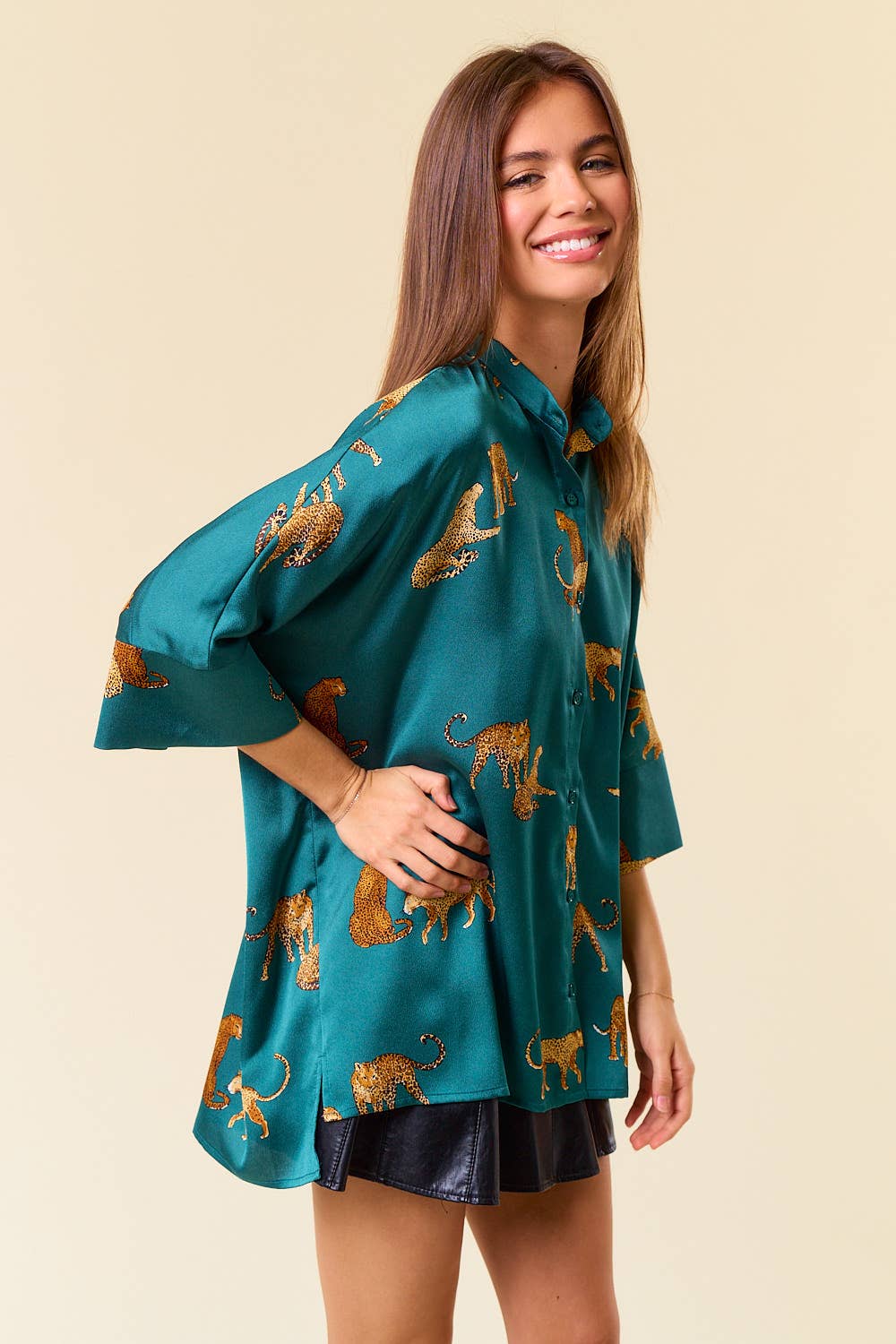 Animal Print 3/4 Sleeve Button Down Oversize Shirt